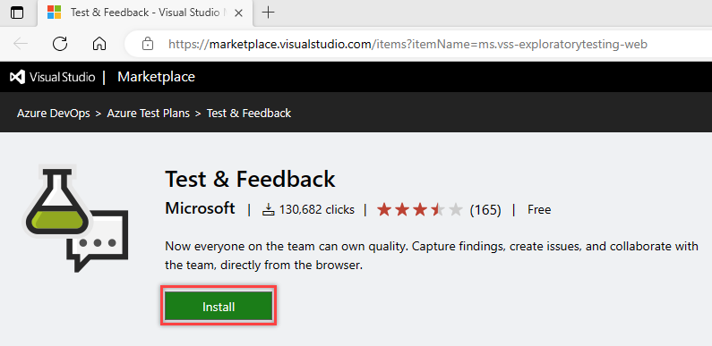 Captura de pantalla que muestra Visual Studio Marketplace, extensión Test & Feedback, Install.