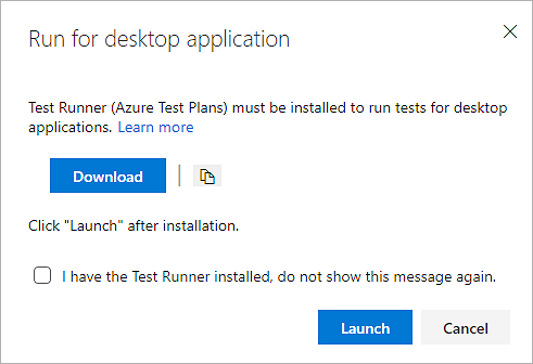 Screenshot shows the Run for desktop application dialog box with options to download and launch Test Runner.