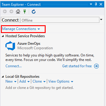 Captura de pantalla de Team Explorer, opciones de Conectar.