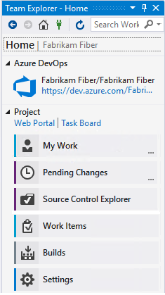 Captura de pantalla de Visual Studio 2019, página principal de Team Explorer con TFVC como control de código fuente.