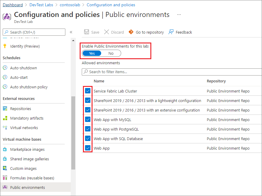 Screenshot that shows the public environments page.