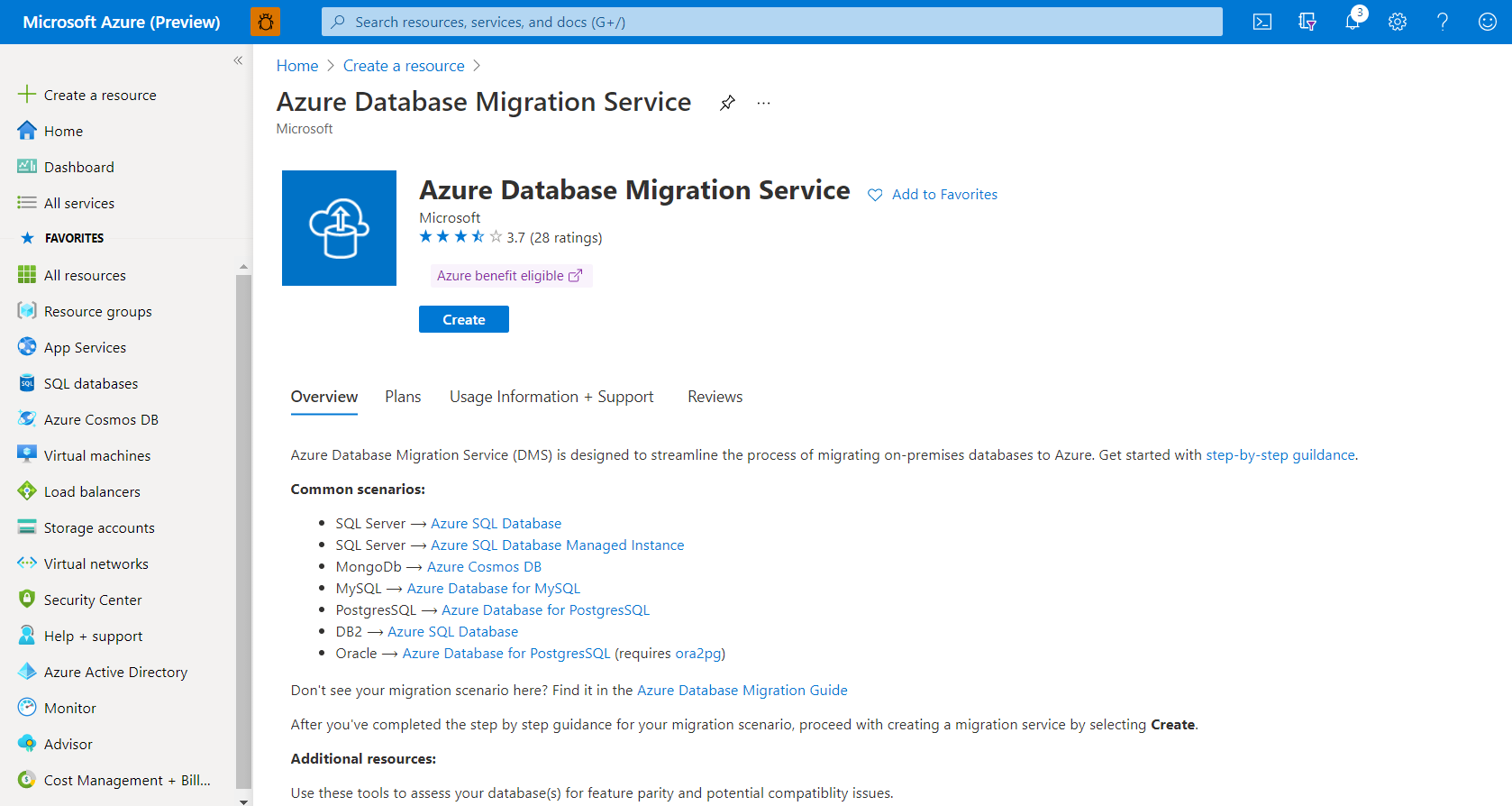 Captura de pantalla que muestra cómo crear una instancia de Azure Database Migration Service.