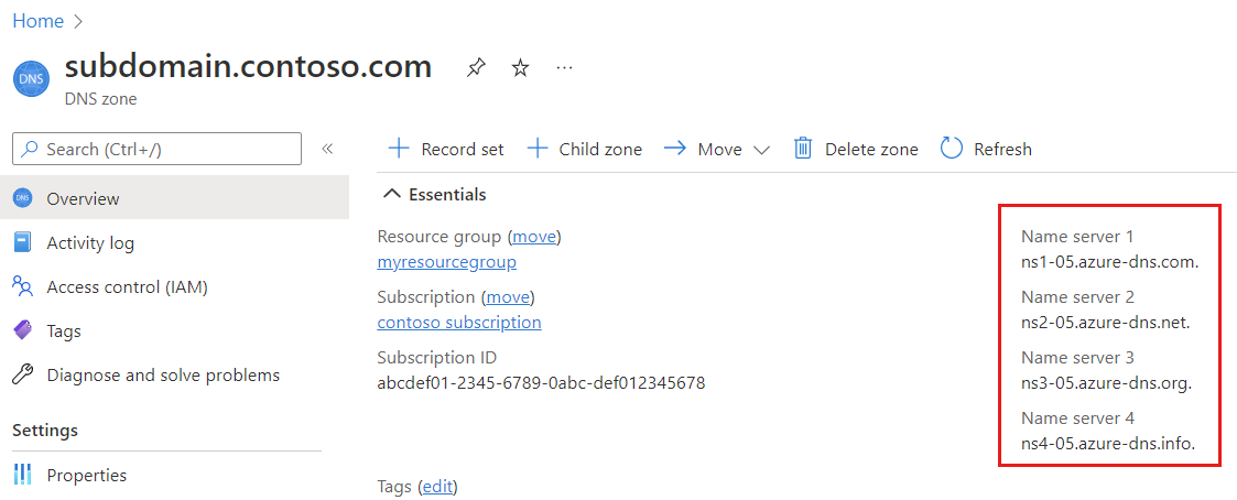 Captura de pantalla de la página de información general de la zona DNS secundaria en la que se muestran sus servidores de nombres