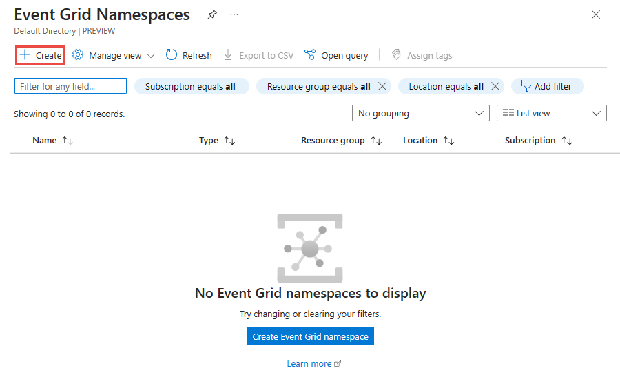 Captura de pantalla que muestra la página de Espacios de nombres de Event Grid con el botón Crear de la barra de herramientas seleccionado.