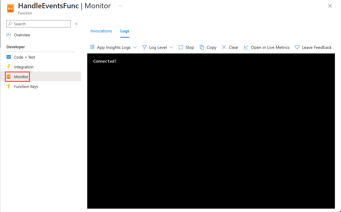 Captura de pantalla que muestra la vista Supervisión de la función de Azure.