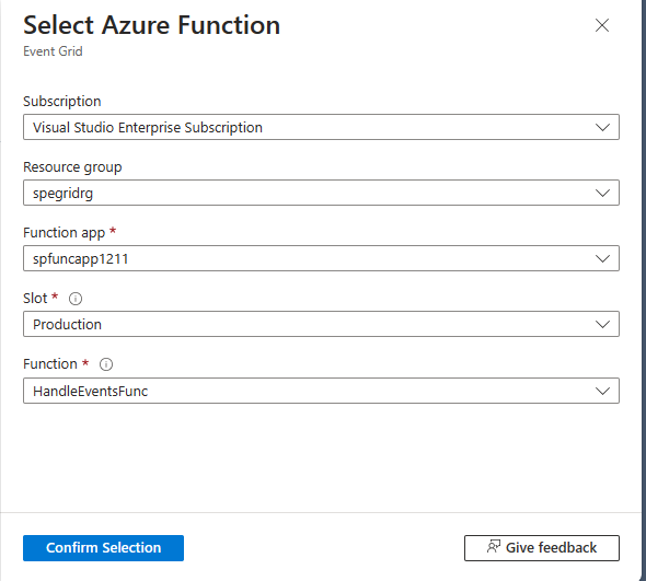 Imagen que muestra la página Seleccionar función de Azure, en la cual se muestra la selección de la función que creó anteriormente.