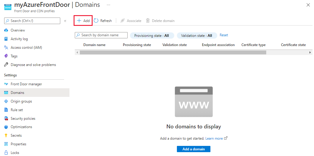 Captura de pantalla que muestra cómo agregar un nuevo dominio a un perfil de Azure Front Door.