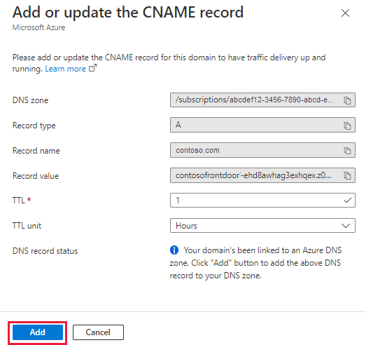Captura de pantalla en la que se muestra el panel Agregar o actualizar el registro CNAME.