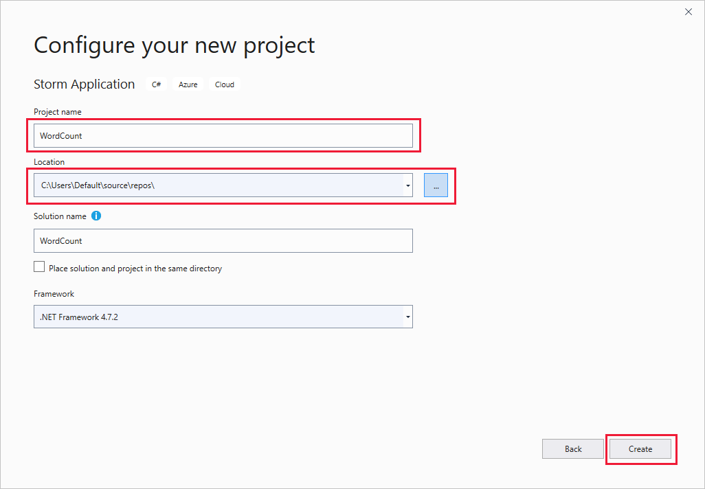 Aplicación Storm, cuadro de diálogo Configure su nuevo proyecto, Visual Studio