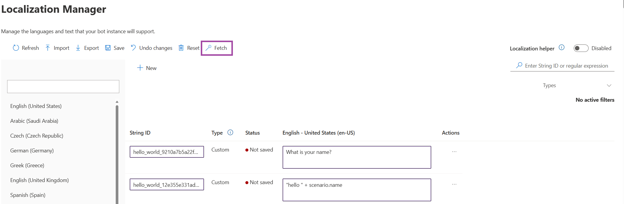 A screenshot of the Localization Manager fetching the strings