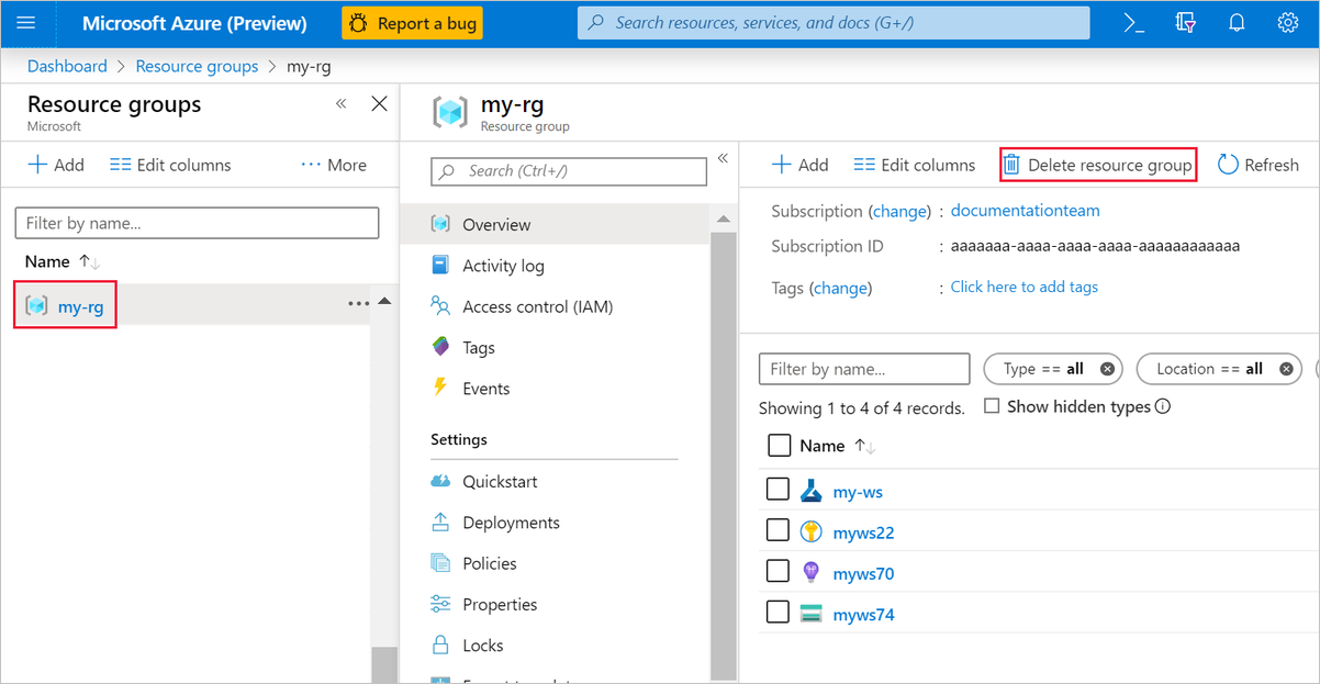 Delete resource group in the Azure portal