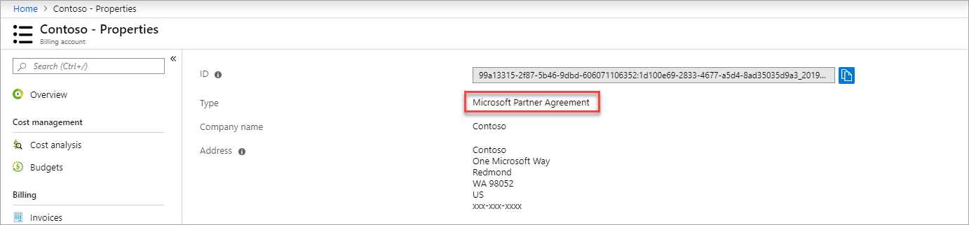 Captura de pantalla que muestra el contrato Microsoft Partner Agreement en la página de propiedades
