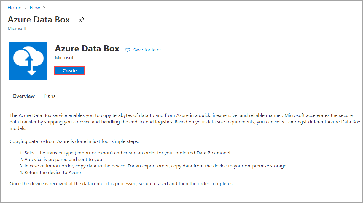 Screenshot of Azure Data Box section of the Azure portal. The Create option is highlighted.