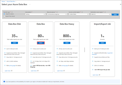 Screenshot showing the screen for selecting an Azure Data Box product. The Select button for Data Box is highlighted.