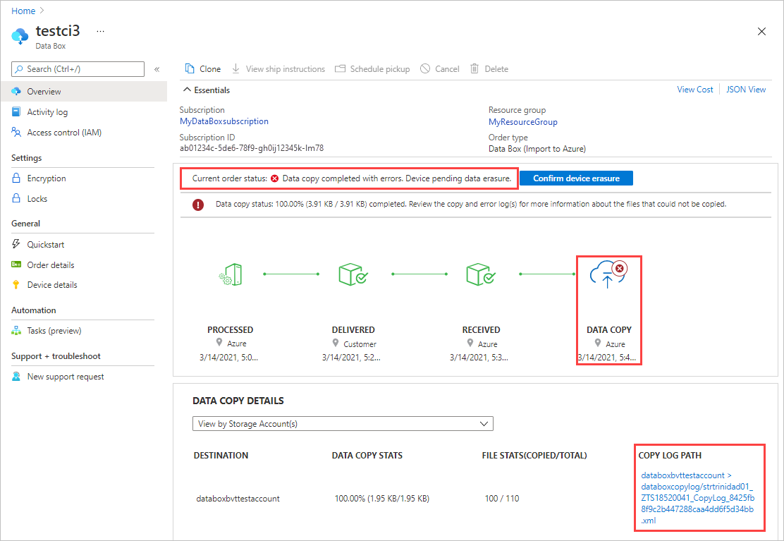 Notification for copy errors during an upload in the Azure portal
