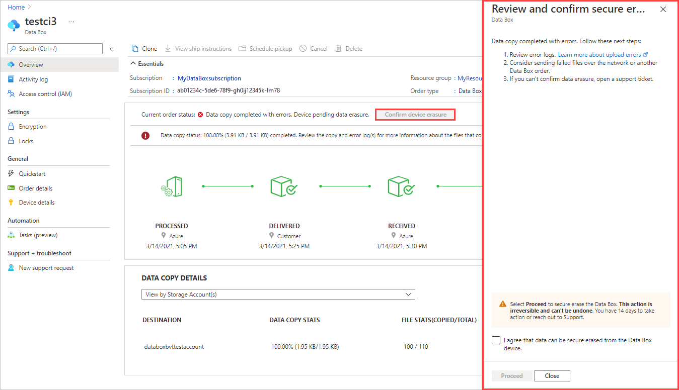 Review and proceed panel for upload errors in the Azure portal