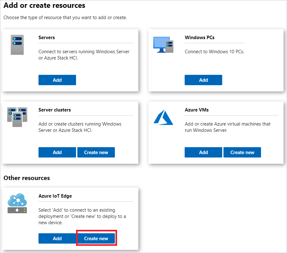 Seleccione "Crear nuevo" en el elemento Azure IoT Edge de Windows Admin Center, PNG.