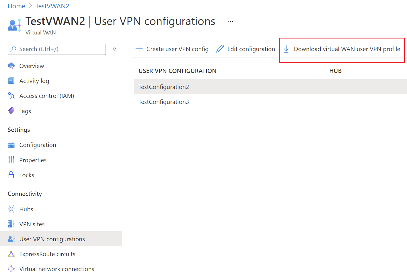 Screenshot of Download virtual WAN user VPN profile.