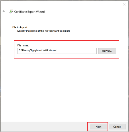 Screenshot shows the Certificate Export Wizard with a File Name text box and a Browse option.