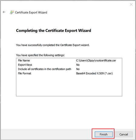 Screenshot shows the Certificate Export Wizard with the selected settings.