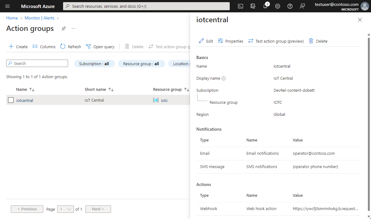 Screenshot that shows an action group in the Azure portal.