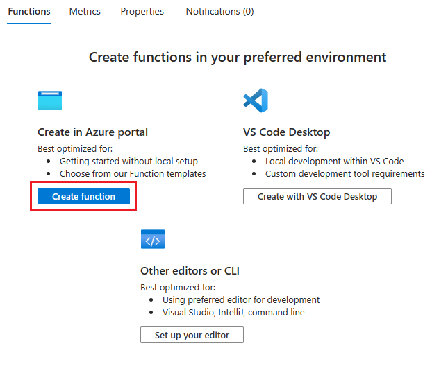 Captura de pantalla que muestra la selección de la opción para crear la función en Azure Portal.