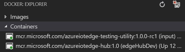 Captura de pantalla en la que se muestra el estado del módulo del simulador en el panel Docker Explorer de Visual Studio Code.