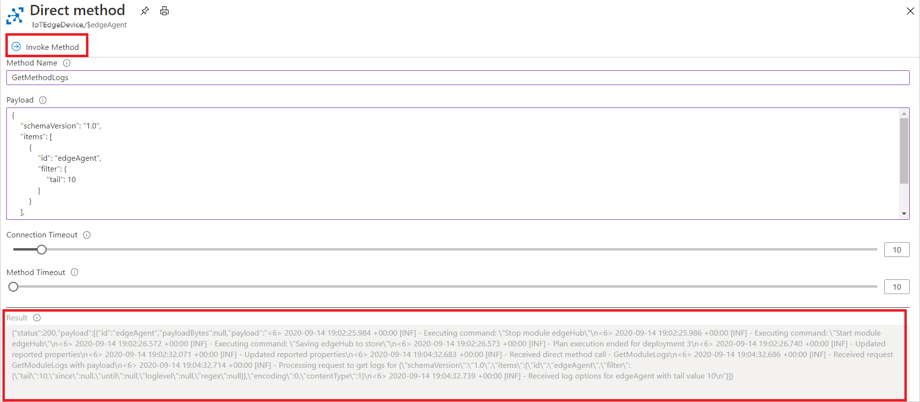Captura de pantalla de cómo invocar el método directo GetModuleLogs en Azure Portal.