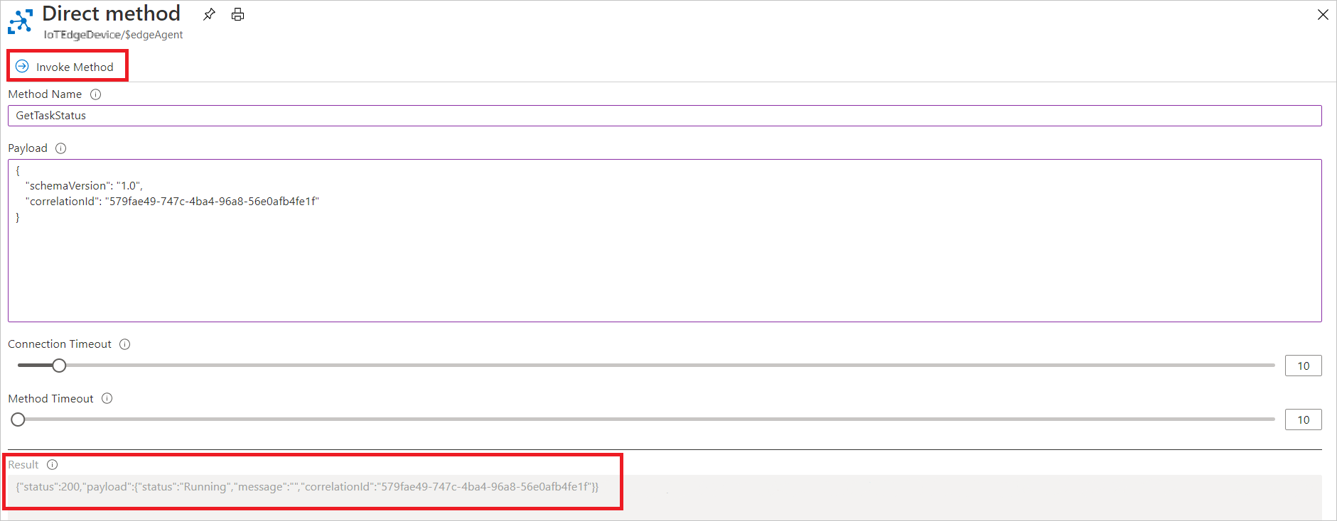 Captura de pantalla que muestra cómo invocar el método directo GetTaskStatus en Azure Portal.
