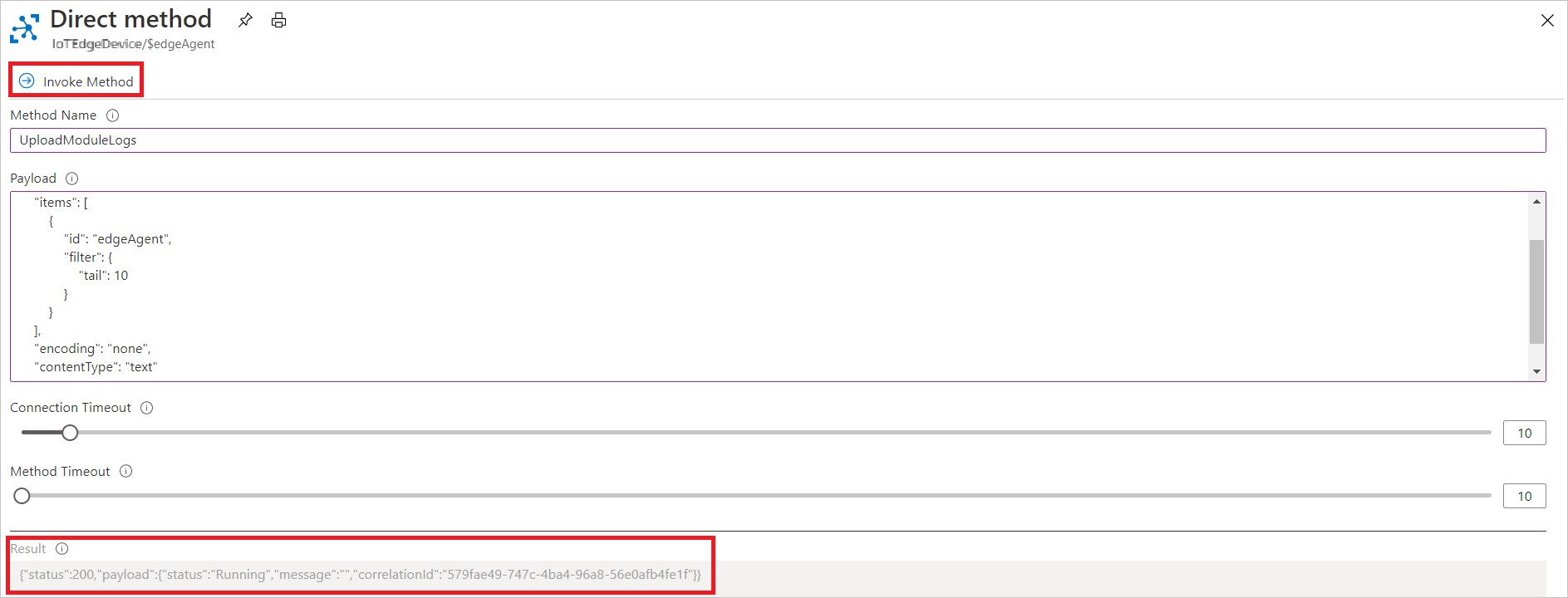 Captura de pantalla de cómo invocar el método directo UploadModuleLogs en Azure Portal.