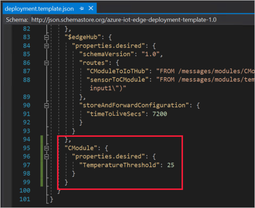 Captura de pantalla que muestra la adición del módulo gemelo a la plantilla de implementación.