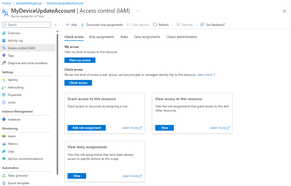 Screenshot of access Control within Device Update account.