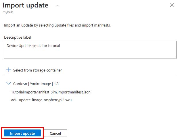 Captura de pantalla que muestra los archivos cargados que se importarán como una actualización.