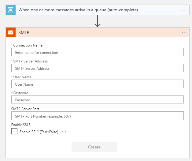 Escribir la información de la conexión SMTP en la aplicación lógica en Azure Portal