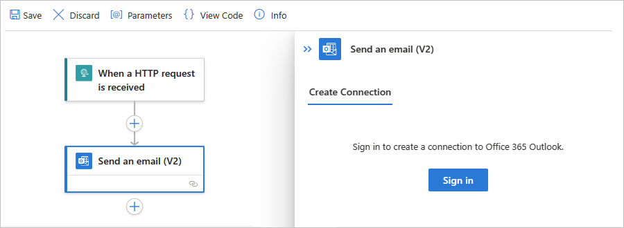 Captura de pantalla que muestra el diseñador, el panel denominado Enviar un correo electrónico (V2) con el botón Iniciar sesión.