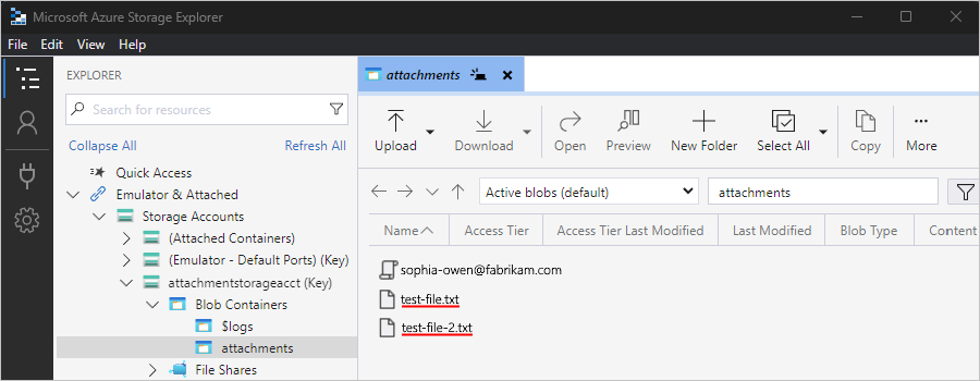 Captura de pantalla que muestra el Explorador de Azure Storage y los datos adjuntos y el correo electrónico guardados.