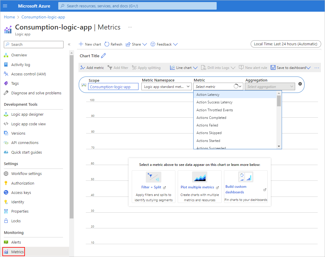 Captura de pantalla que muestra Azure Portal, menú de recursos de aplicación lógica Consumo con métricas seleccionadas y la lista Métrica abierta.