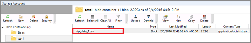Captura de pantalla de la cuenta de almacenamiento en la que se muestra el archivo .csv cargado