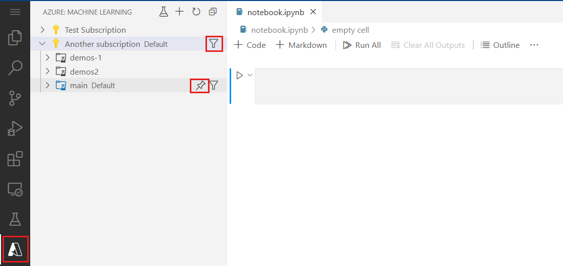 Captura de pantalla que muestra cómo filtrar y anclar en la ventana de VS Code.