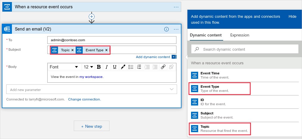 Captura de pantalla que muestra el cuadro de diálogo Send an email (Enviar un correo electrónico) con el tema y el tipo de evento agregados a la línea de asunto de la lista de la derecha.