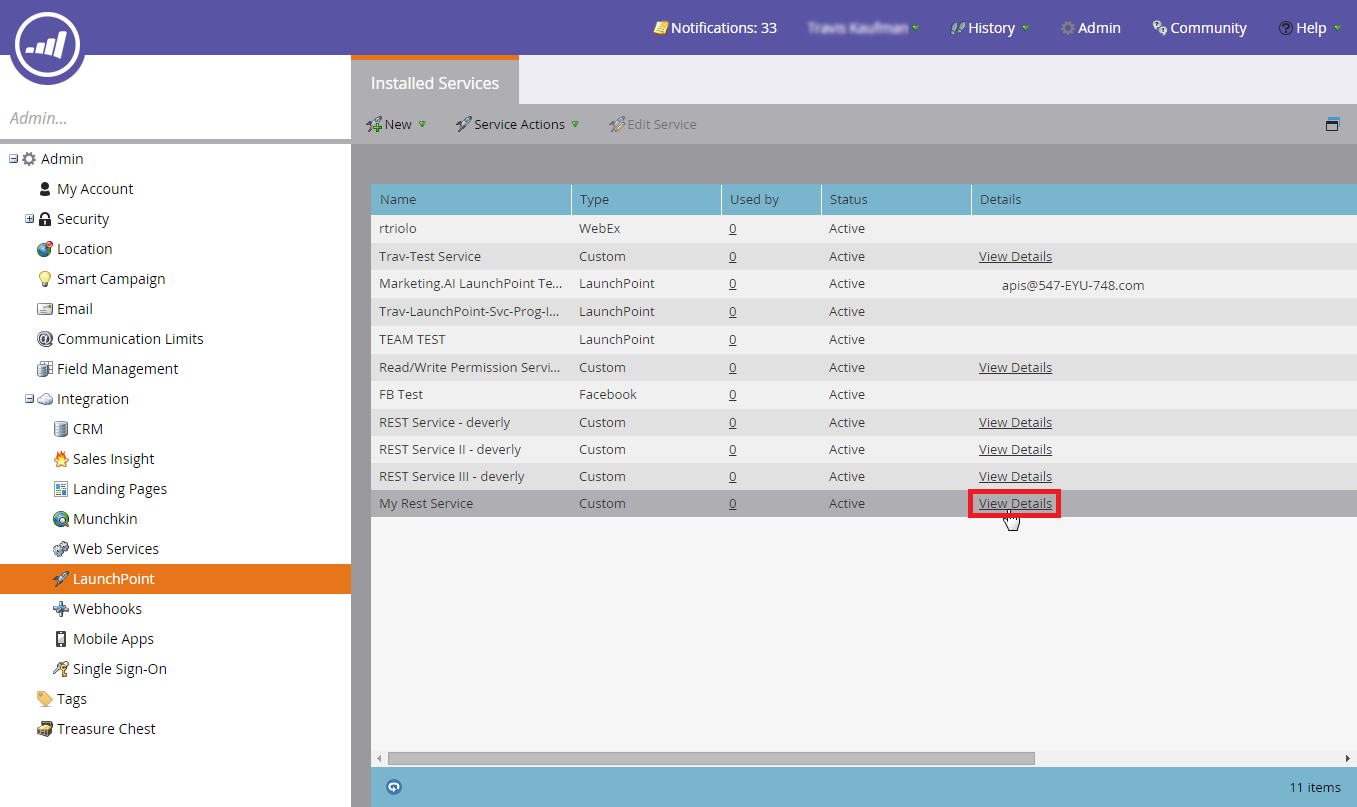 Captura de pantalla que muestra los servicios instalados por el administrador de Marketo.