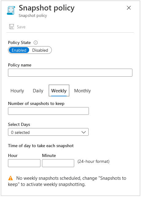 Screenshot that shows the weekly snapshot policy.