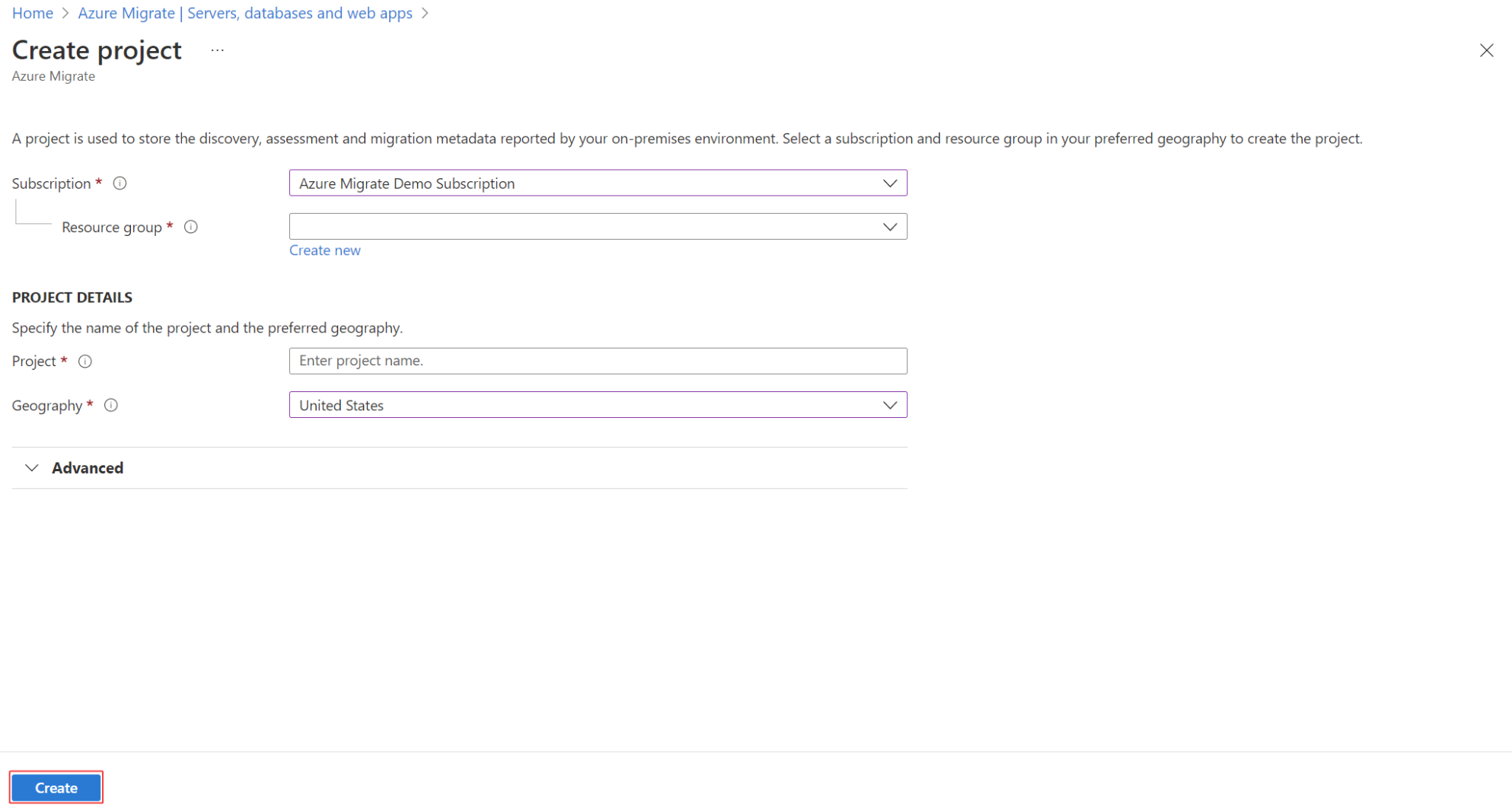 Image of Azure Migrate page to input project settings.