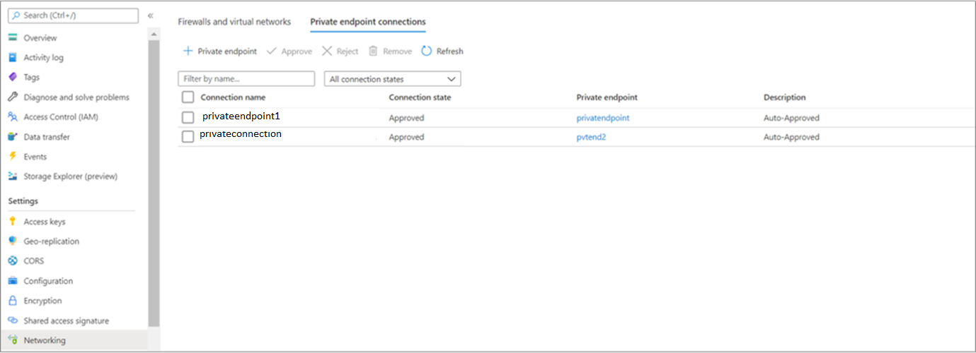 Captura de pantalla que muestra el estado de aprobación del punto de conexión privado.