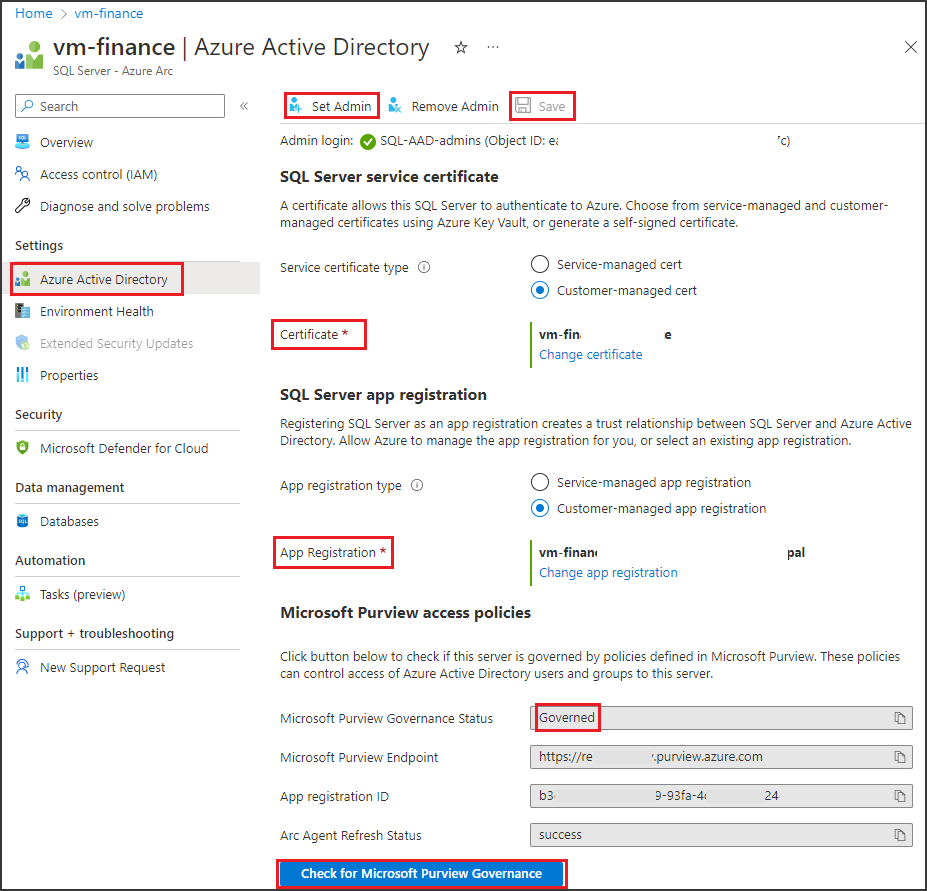Captura de pantalla que muestra el estado del punto de conexión de Microsoft Purview en la sección Azure Active Directory.