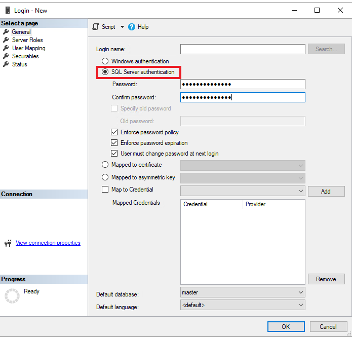 Captura de pantalla que muestra las selecciones para crear un nuevo inicio de sesión y un usuario.