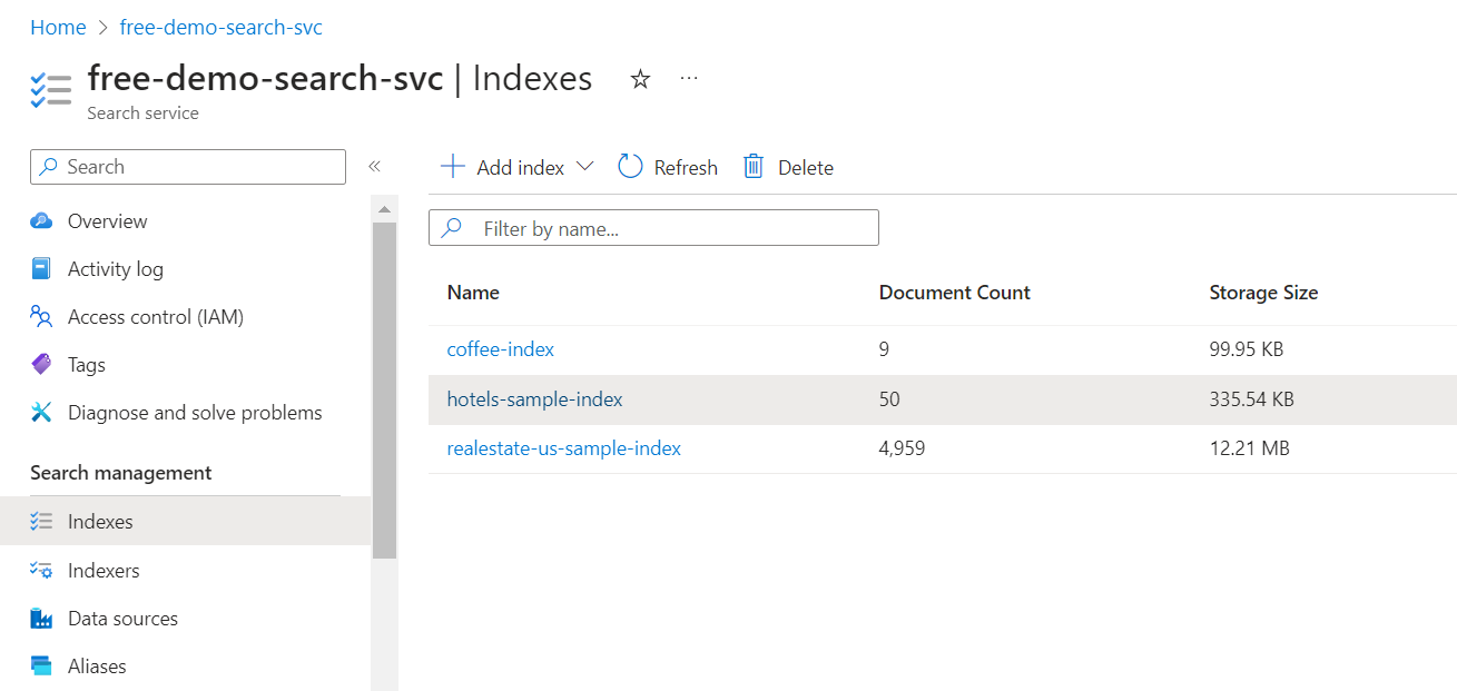 Indexes list on the service dashboard