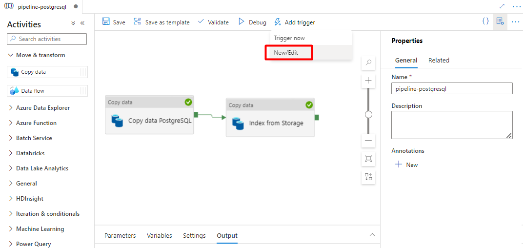 Screenshot showing how to add a new trigger for a Pipeline in Data Factory.