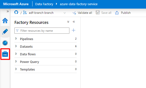 Screenshot showing how to choose the Manage icon in Azure Data Factory to configure Snowflake Linked Service.