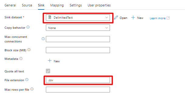 Screenshot showing how to configure the sink in a Pipeline to move the data to Azure Storage from Snowflake.